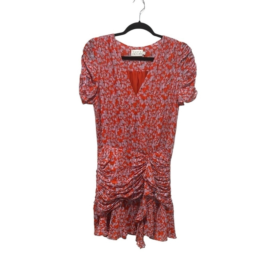 Tanya Taylor short sleeve ruched silk blend floral mini dress size 8 - Picture 2 of 9